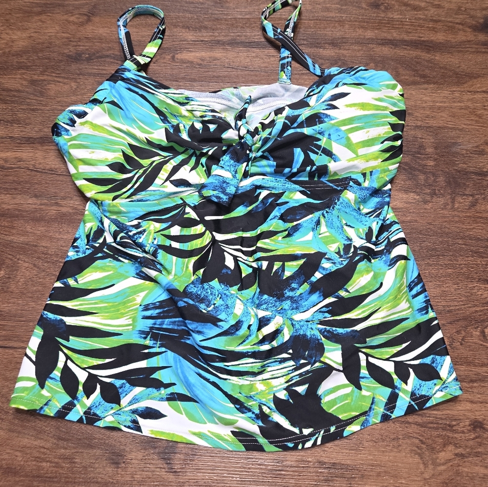 Swimsuits For All Foliage Print Blue Green Tankini Top Swim Suit 18 NWT